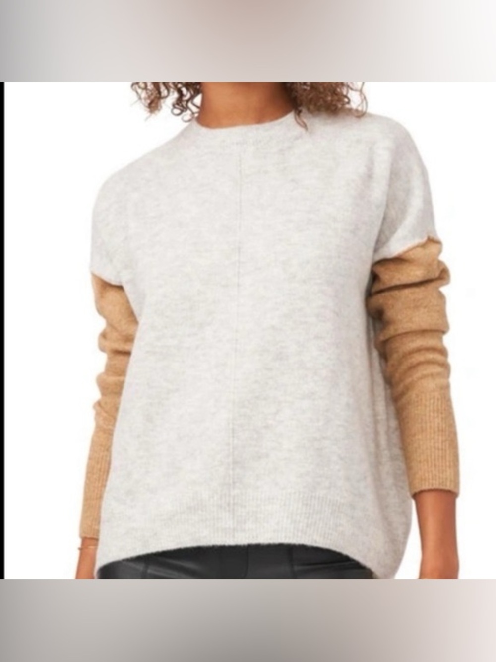Vince Camuto Two-Tone Crewneck Sweater in Light Gray and Tan
